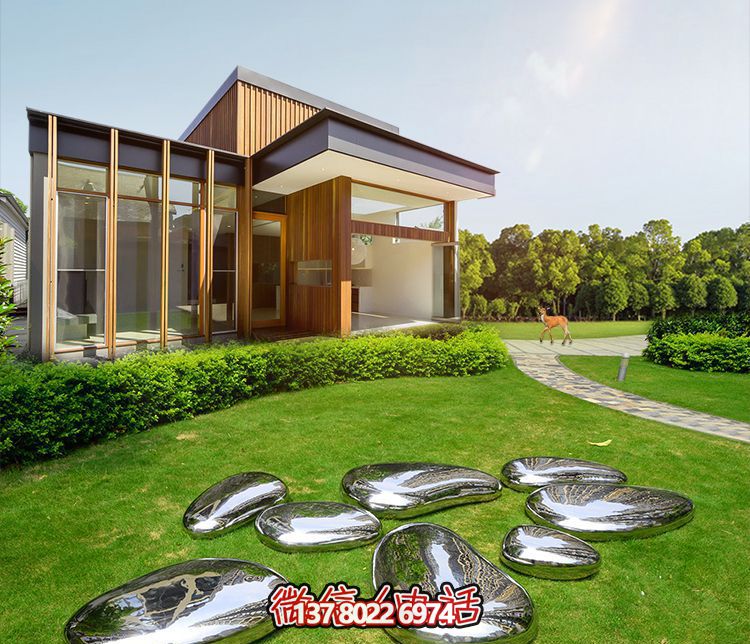 高端室內(nèi)草坪裝飾，不銹鋼雕塑鏡面石頭安放