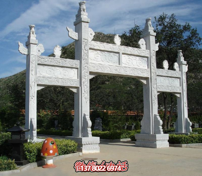 精致園林景觀，漢白玉華表浮雕祥云門(mén)樓石牌坊