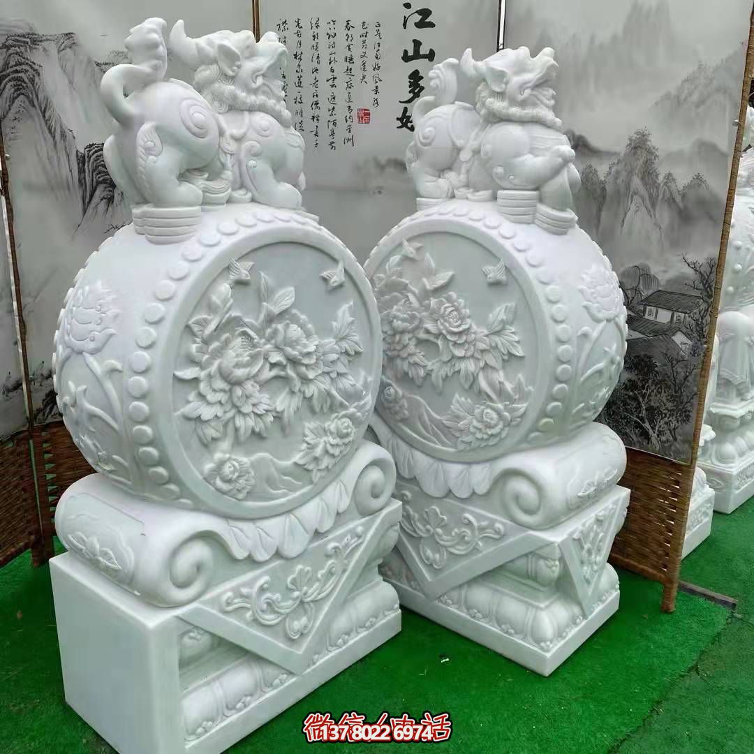天然優(yōu)質(zhì)漢白玉浮雕麒麟抱鼓石，裝點(diǎn)你的庭院門口