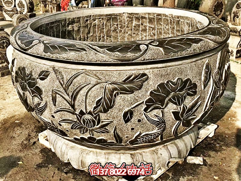 精美大理石浮雕蓮花缸，現(xiàn)代庭院裝飾雕塑