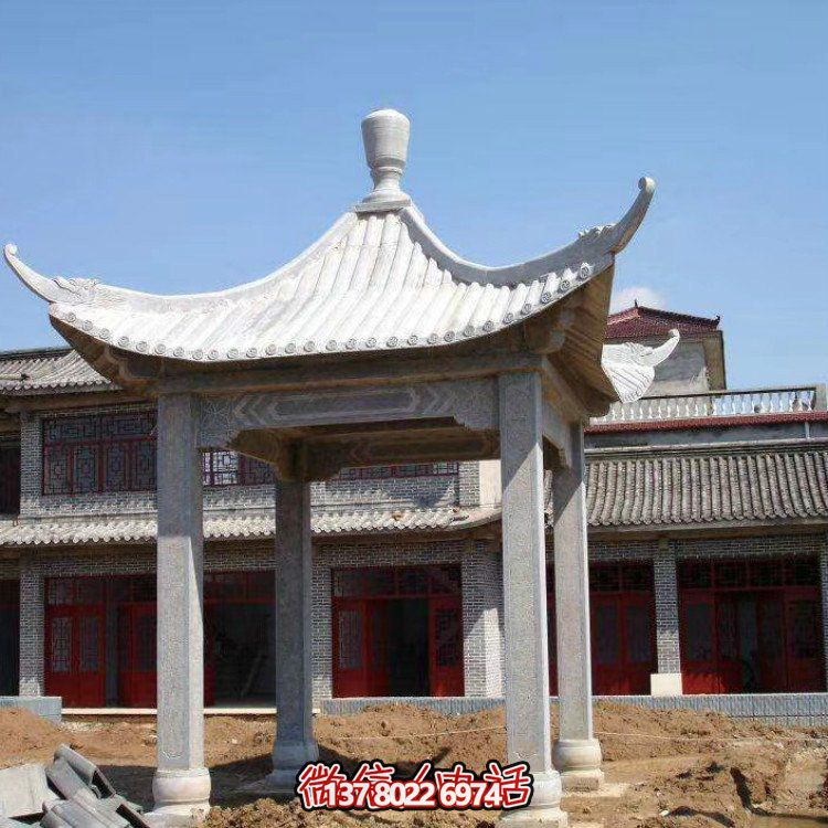 古雅紅晚霞，別墅園林石涼亭石雕長廊