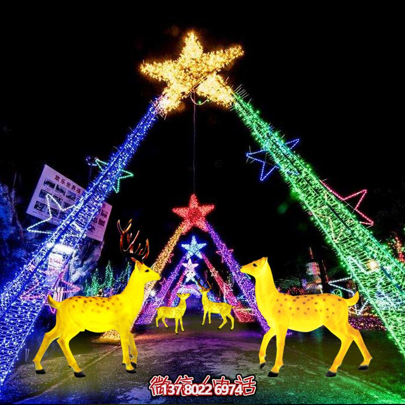 彩繪梅花鹿玻璃鋼雕塑，照明發(fā)光環(huán)繞