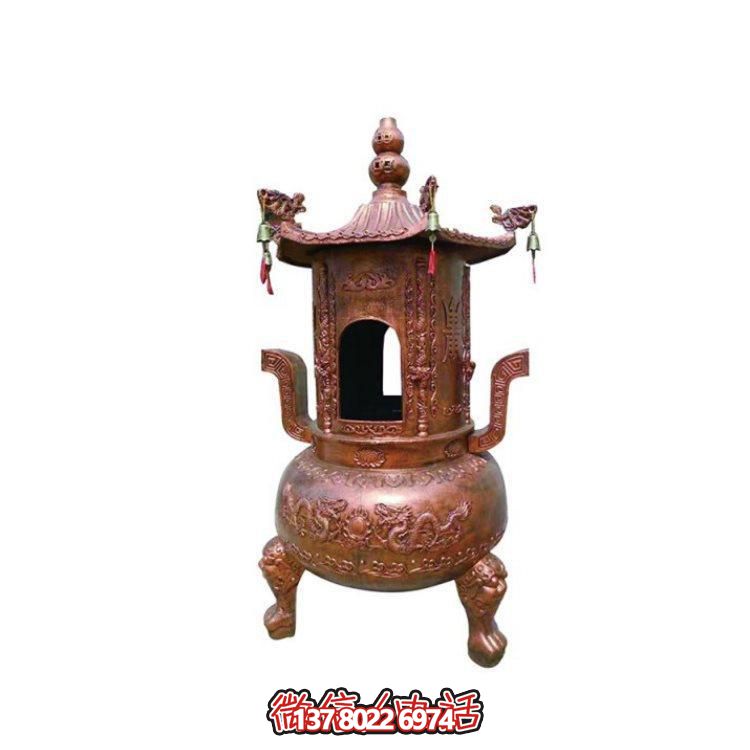 純銅香爐四柱舍利塔，裝飾寺院舍利