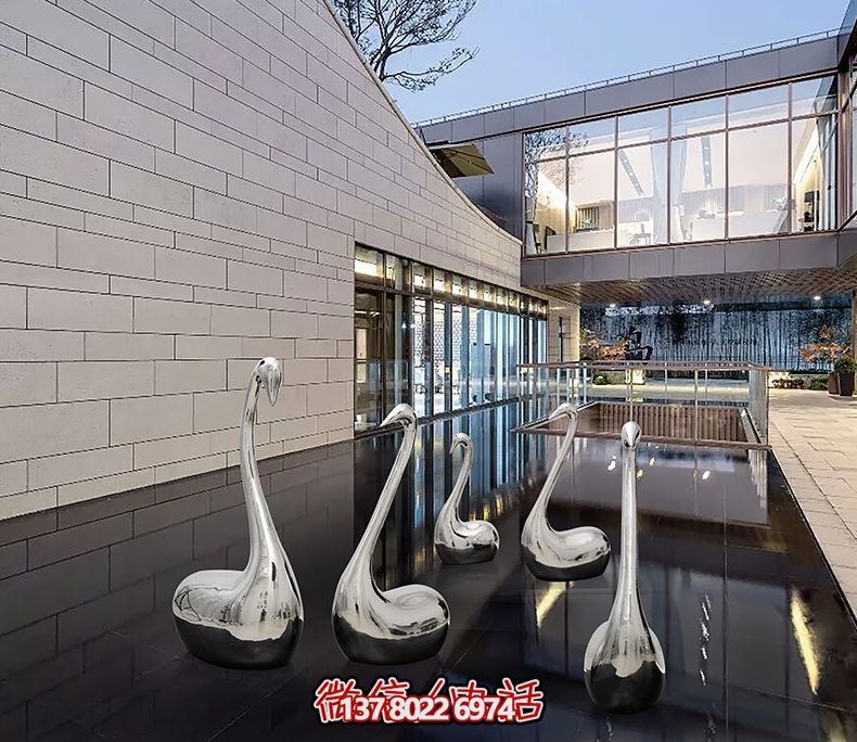 不銹鋼創(chuàng)意天鵝雕塑，鏡面水中裝飾別墅