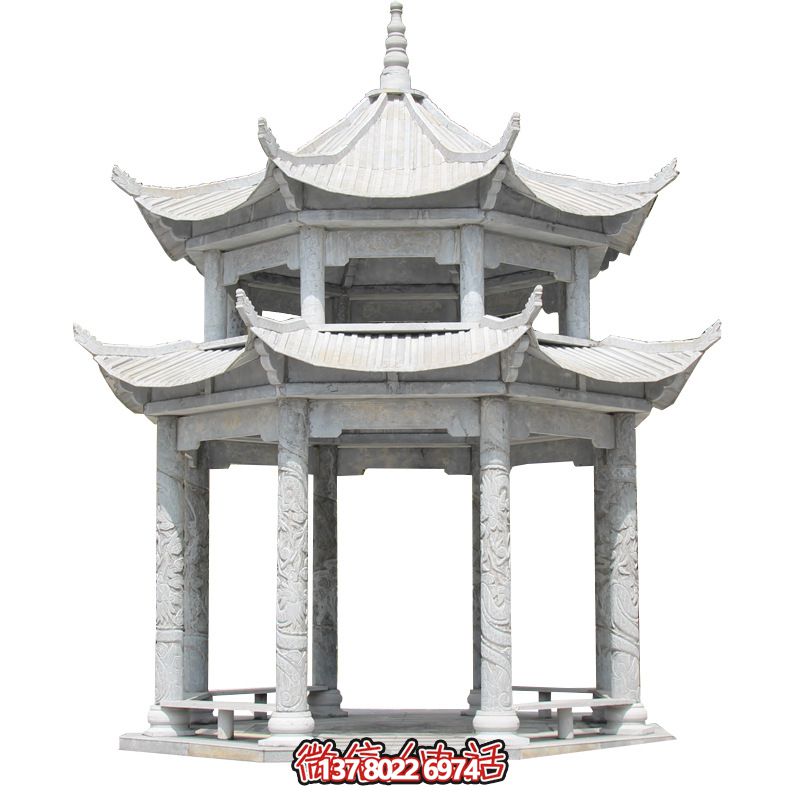 精美大理石雙層柱涼亭，雕塑點(diǎn)綴休息亭