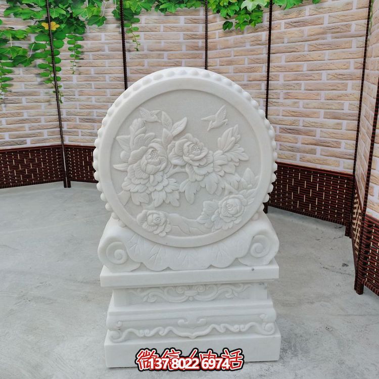 中式風格天然漢白玉石雕抱鼓浮雕門墩，花開富貴