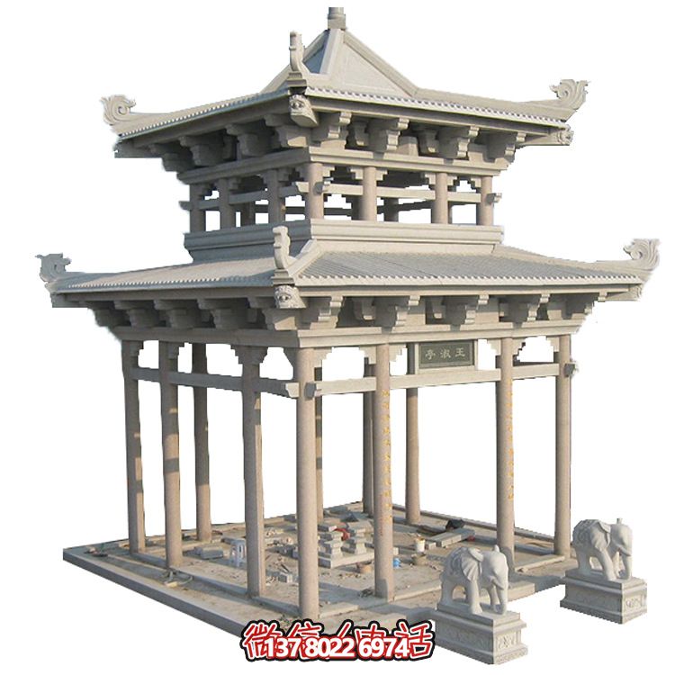 古典多角涼亭建筑大氣，石雕精美，園林景觀完美