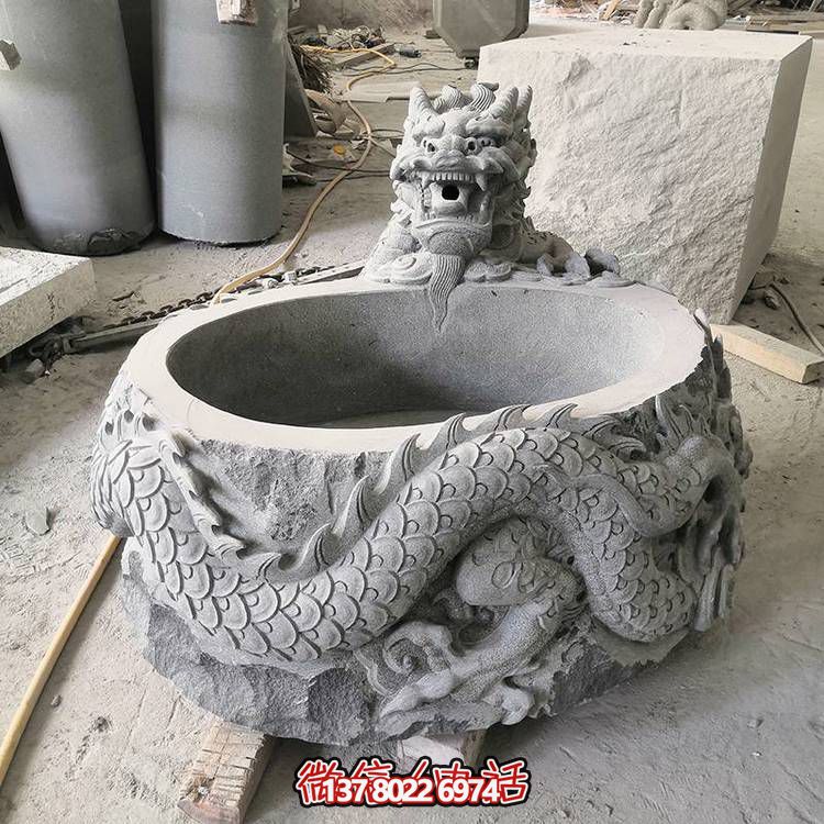 仿古石缸水缸青石龍形浮雕雕塑，為您的庭院增添一抹古樸