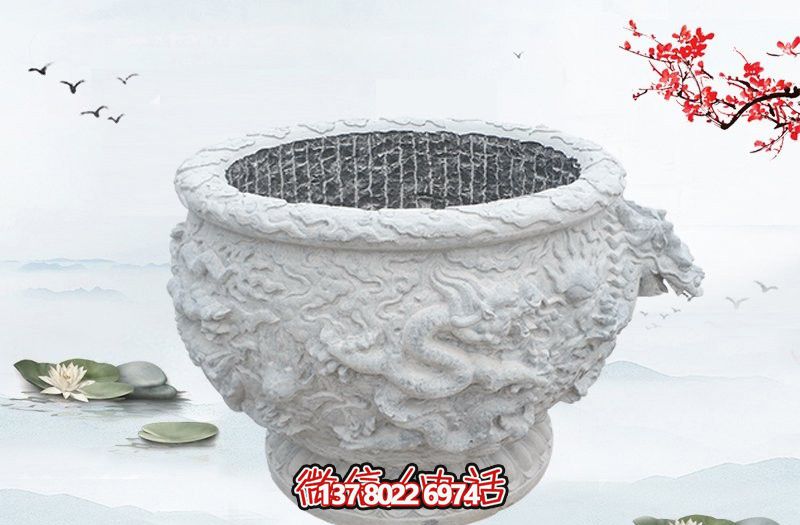 漢白玉石雕龍浮雕水缸雕塑，為庭院增添優(yōu)雅氣息