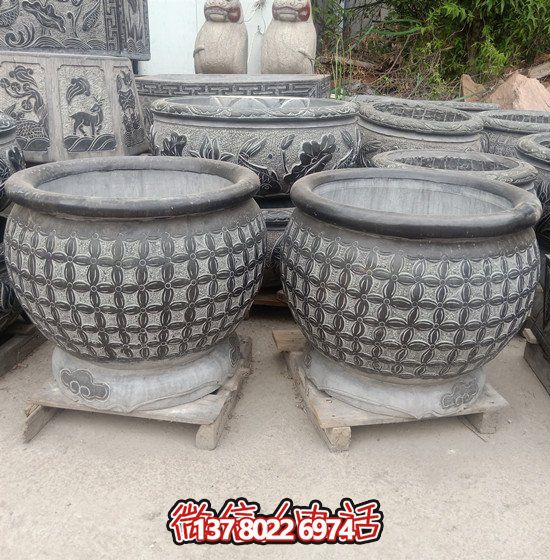 自然美學結(jié)合青石石雕、浮雕、編織、雕塑的戶外園林魚缸