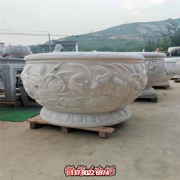 古典經(jīng)典，漢白玉鯉魚(yú)雕刻圓形水缸
