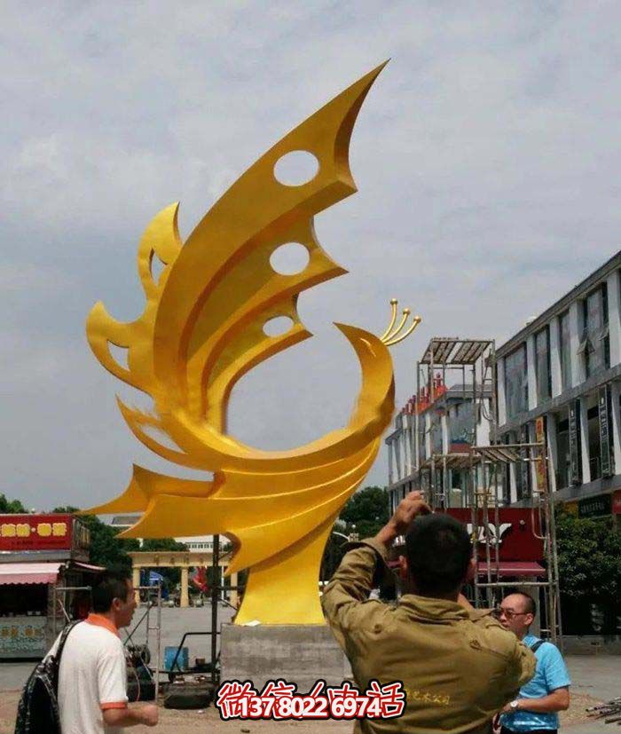 公園創(chuàng)意不銹鋼抽象黃色鳳凰雕塑 公園創(chuàng)意不銹鋼抽象黃色鳳凰雕塑