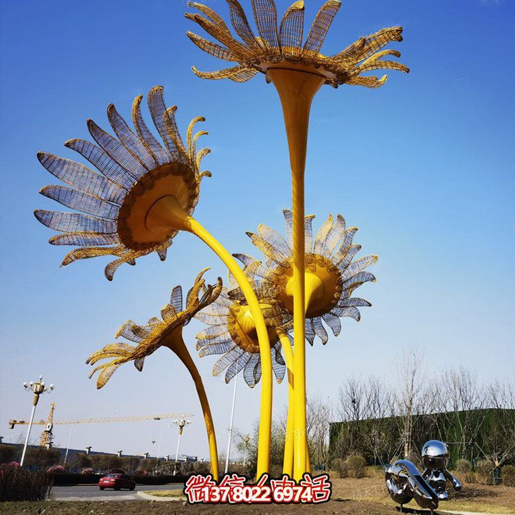 不銹鋼噴漆鏡面電鍍向日葵花雕塑城市廣場(chǎng)園林草坪景觀擺件