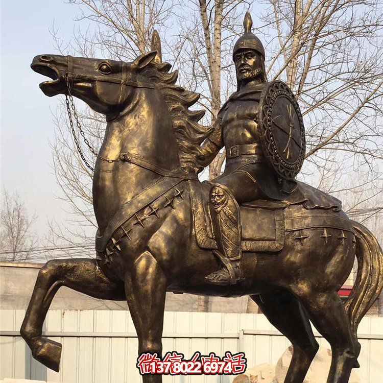 西方古代的騎馬士兵銅雕，手持盾牌騎馬身上的西方戰(zhàn)士