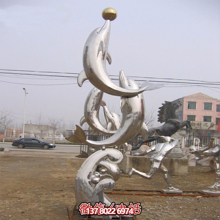 海洋館戶外水池?cái)[放不銹鋼鏡面海豚小品雕塑